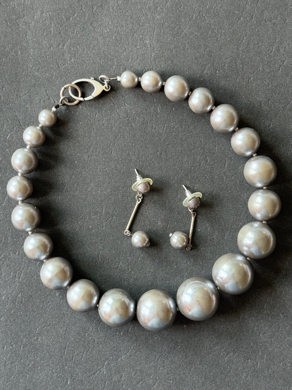 HANDMADE Graduated Gray Faux Pearl Necklace & Drop Earrings